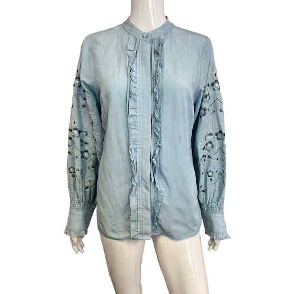 KOBI HALPERIN Light Blue Luisa Embroidered Floral Ruffle Blouse Top Shirt Size S - Picture 2 of 5